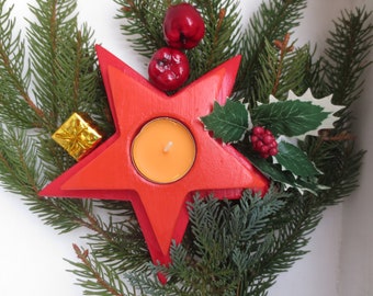 Teelichthalter Stern 2stöckig rot Ø 16,5 cm, Tischdeko Weihnachten, Teelichthalter sternförmig, Adventsdeko Tischschmuck Kerzenhalter Holz