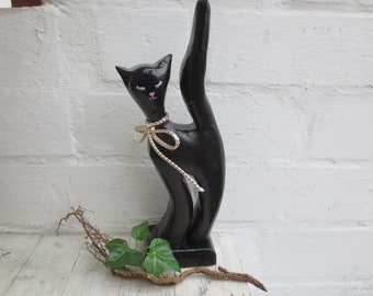 Holzkatze schwarz 24 cm, Skulptur schwarze Katze moderne Form Buchenholz, Geschenk Katzenfigur Holz, Wohnen Deko Holzfigur Katze Handarbeit