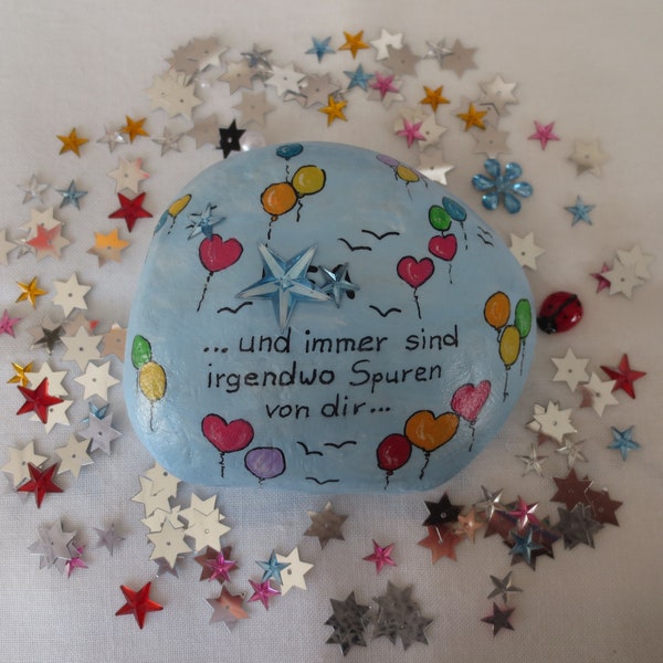 Gedenkstein, Trauerstein mit Luftballons 10 cm blau-bunt, Andenken Stein Trauer, Geschenk Geburtstag, Namensstein, bemalter Stein Grabdeko