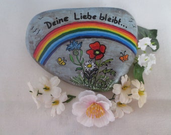 Trauerstein Regenbogen mit Sommerblumen 10x5 cm, Gedenkstein Regenbogenbrücke, Erinnerungsstein Grabdeko, Sterbestein: Deine Liebe bleibt