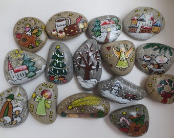 2 Weihnachtssteine 6-8 cm handbemalt, Weihnachts-Glücksstein, Deko Weihnachten Advent, Geschenk für Adventskalender, Kieselstein Tischdeko