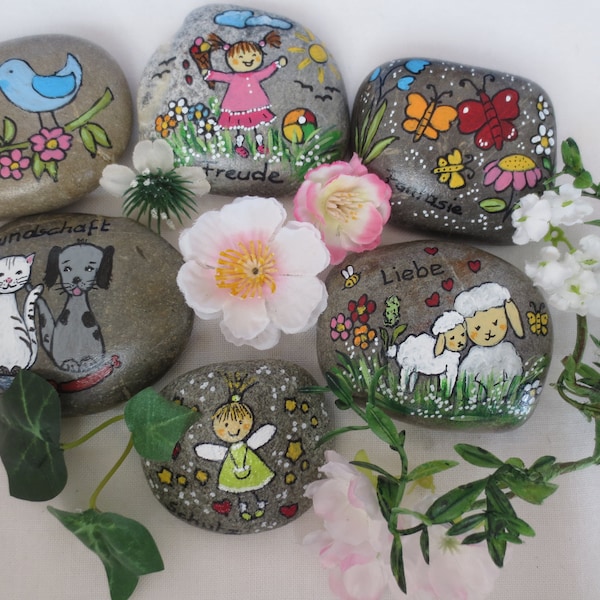 2 wish stones hand-painted approx. 6-8 cm, colorful pebbles with wishes, painted stones, lucky stones, gift wish pebbles with children's motifs