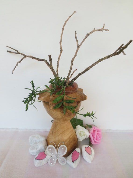 Vaso in legno naturale, a forma di calice, 17 x 11 cm, contenitore per  fiori secchi