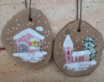 2 Geschenkanhänger Weihnachten Kirchlein+Haus rosa ca. 6x7, Christbaumanhänger Weihnachtsmotiv, Wichtelgeschenk, Füllung Adventskalender