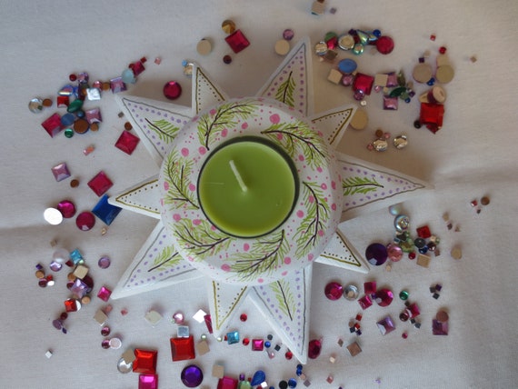 Teelichthalter Stern weiß-grün-rosa-gold 17 cm, mit Holzstern Weihnachtsdeko Teelicht, 3stöckig Weihnachten, und Tischdeko Advent Advents
