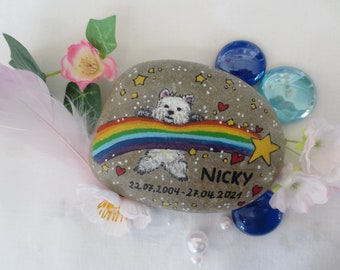 Animal portrait memorial stone, dog on rainbow, shooting star, 9x7x2 cm, memorial stone, painted stone, grave decoration, rabbit, cat, rainbow bridge