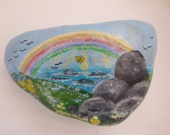 Trauerstein mit Regenbogen ca. 10x8, Gedenkstein Sternenkind, Grabdeko Stein mit Regenbogenbrücke, Namensstein mit Landschaft, Andenken