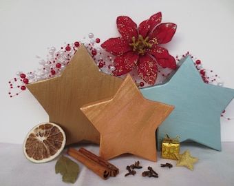 3 Christmas stars 12/15/17 cm, standing wooden stars, decorative stars Advent, Christmas wooden stars, decorative stars in rose gold, copper, green-silver