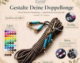Longe double de 16 m, coloris au choix, séparable sur demande pour les longues rênes, idéale pour le travail à pied. Matériel d'équitation artisanal, cadeau pour cavaliers.
