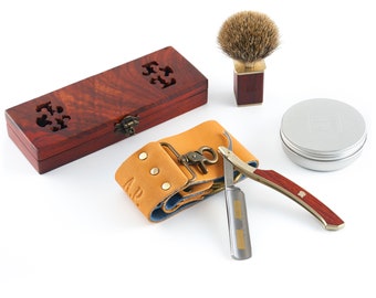 5/8" razor with gold etching | Solingen | with grinding belt | brush and soap | A.P. Donovan