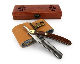 AP Donovan - Maquinilla de afeitar profesional de 7/8" con mango de madera de caoba - incluye práctica caja de madera - con asentador + pasta abrasiva