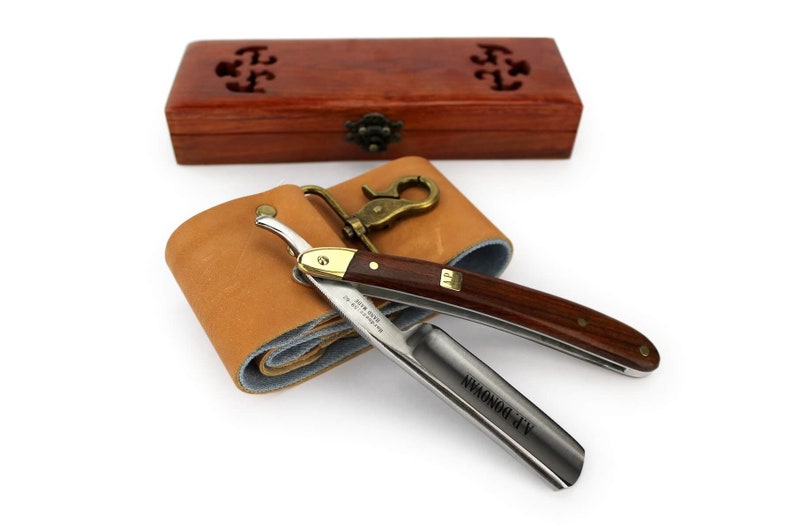 AP Donovan Professional 7/8 razor with mahogany wooden handle including practical wooden box with strop grinding paste image 1