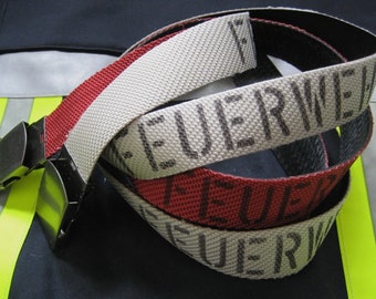 Belt made from fire hose with the imprint FIRE DEPARTMENT