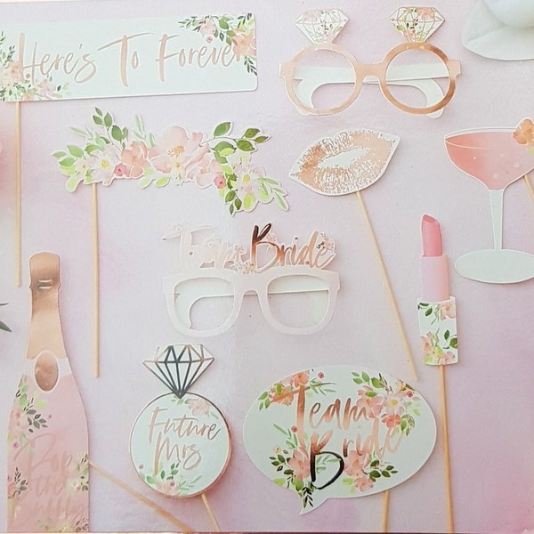 Props Fotobox Accessoires Set aus 10 Requisiten in Rosegold auf Stäbchen fertig geklebt. JGA mit Bilder Verkleidung und auch zur Hochzeit!