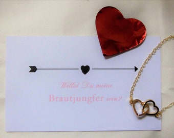 Bridesmaid Gift - Card Heart Bracelet with 2 Intricate Heartsin Gold or Silver plus Gift Wrapping with Thank You - Planner Stickers