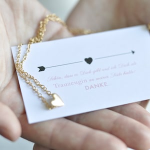 Trauzeugin Danksagung - Karte plus Herz Kette in Gold und eine Geschenkverpackung mit Thank You Sticker