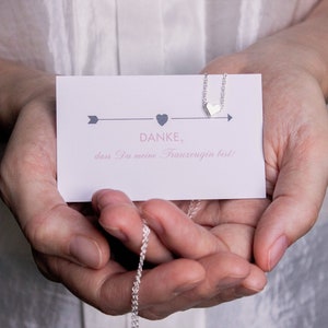 Trauzeugin Dankeschön - Karte plus Herz Kette in Silber oder Gold plus Geschenkverpackung mit Thank You – Sticker.