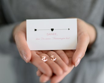 Maid of honour thank you card plus anchor earrings in gold, silver or rose gold plus gift packaging with a thank you pendant.