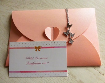 Regalo Madrina - collana con 4 farfalle come un ciondolo in argento - grazie regalo busta adesivi, carta