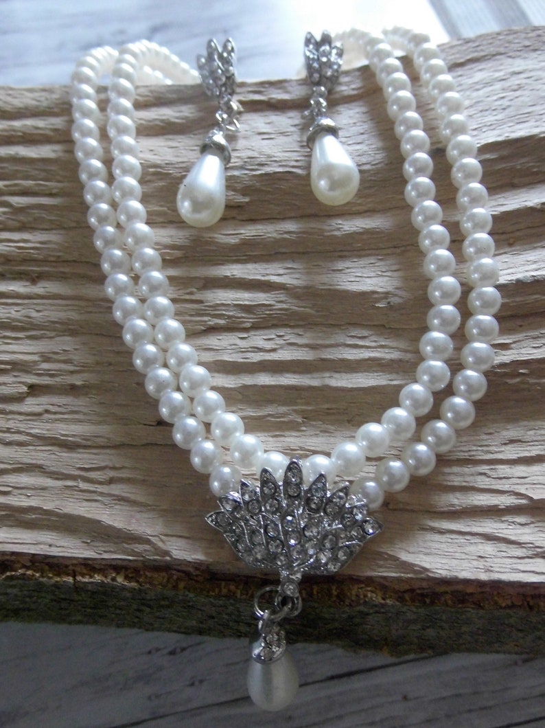 Braut Schmuck Set Perlen: 2reihige Perlenkette mit Kristallanhänger und Ohrringe Bild 2