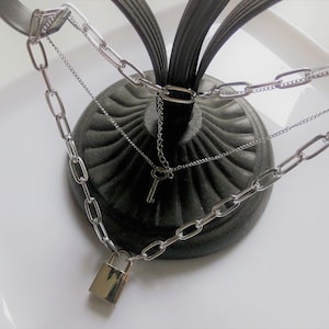 Necklace with lock large-small double link chain- punk-gothic style in stainless steel with lock and key