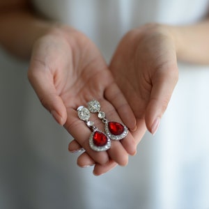 Earrings in silver and ruby red stone with rhinestones crystal drops for the bride or maid of honor image 2