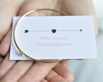 Maid of honor ask - card and heart bangle in gold plus gift packaging with Thank You sticker