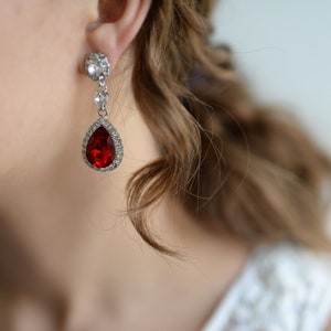 Earrings in silver and ruby red stone with rhinestones crystal drops for the bride or maid of honor image 1