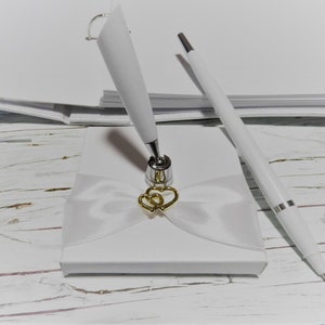 Wedding guest book with pen and holder in white and gold image 2