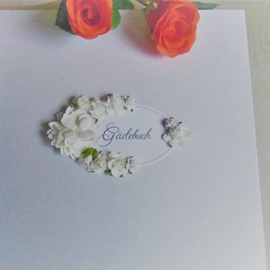 Wedding guest book with pen and holder in white and gold image 3