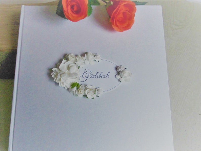 Wedding guest book with pen and holder in white and gold image 3