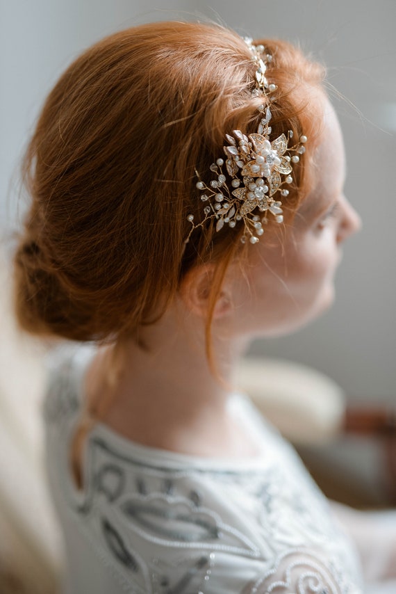 Bridal Headband - Floral Headband in Gold and Silver Made of  display picture 2