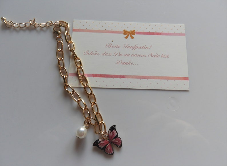 Taufpatin Karte Schmetterling Armband in Gold plus Geschenkverpackung mit Thank You Sticker Bild 2
