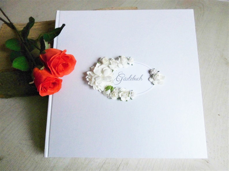 Wedding guest book with pen and holder in white and gold image 1