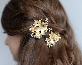 Haarschmuck Schmetterling und Blätter - 2x Goldene Haarclips mit Schmetterling Blätter  kleinen Zierperlen und Strass Steinen