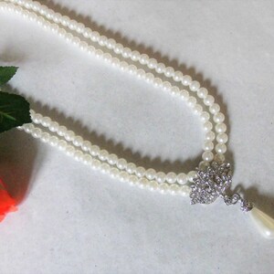 Braut Schmuck Set Perlen: 2reihige Perlenkette mit Kristallanhänger und Ohrringe Bild 3