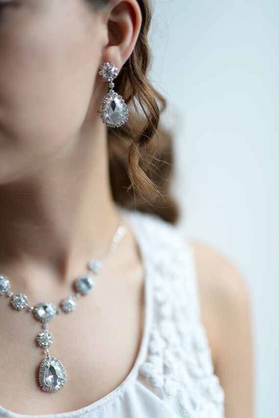 Mode Hochzeit Braut Silber Schmuck Kristall Strass Halskette Ohrringe SAB