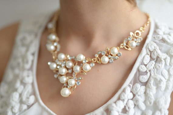 Lujo schmuckset collar aretes metal perlas pedrería boda novia blanco