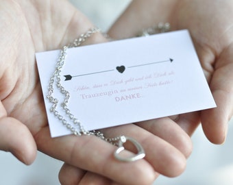 Maid of Honor Acknowledgement - Card with Heart Necklace in Silver plus Gift Packaging with Thank You - Sticker