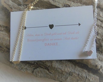 Brautjungfer Danke sagen - Karte plus Herz Armband Gold oder Silber - plus Geschenkverpackung mit Thank You - Sticker