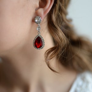 Earrings in silver and ruby red stone with rhinestones crystal drops for the bride or maid of honor image 3