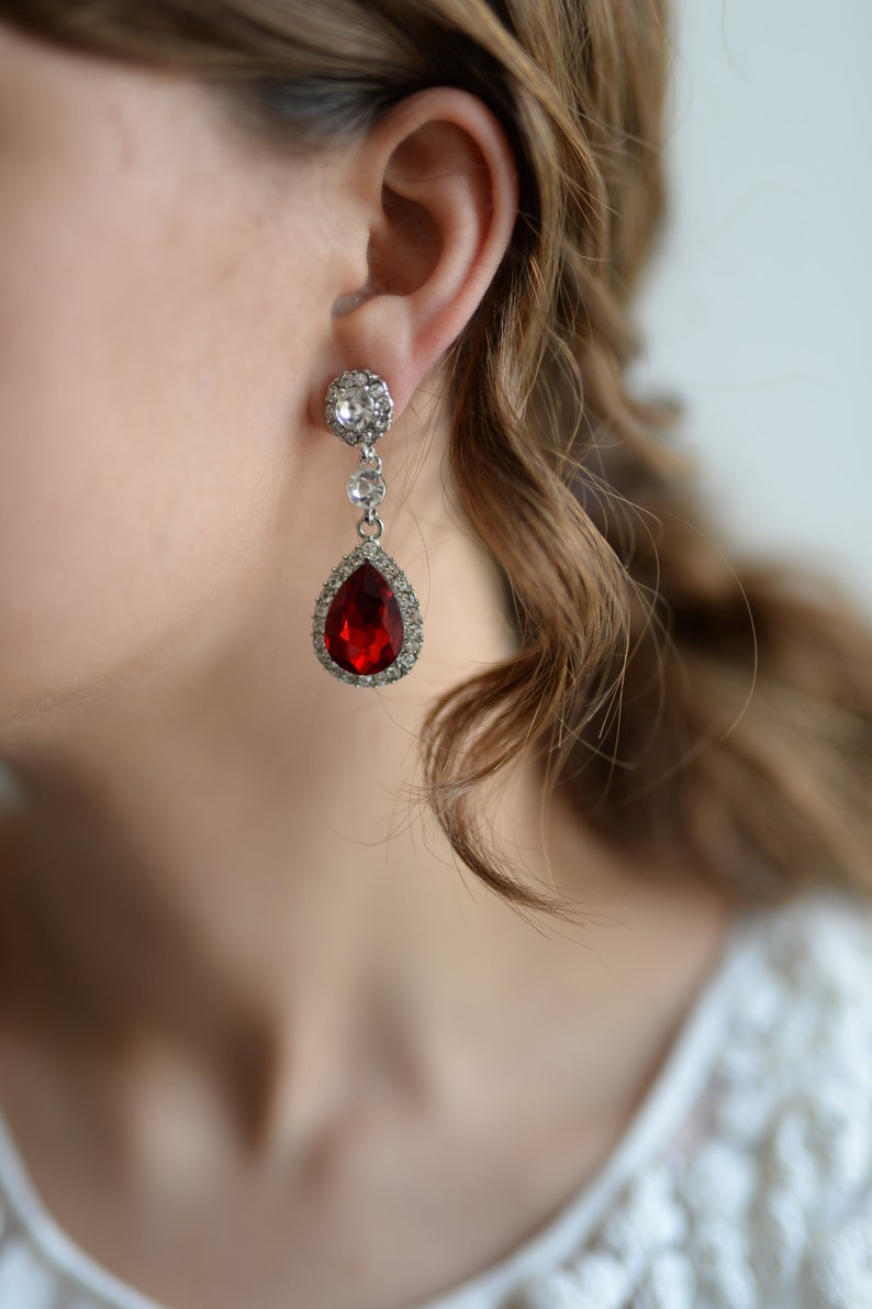 Earrings in silver and ruby red stone with rhinestones crystal drops for the bride or maid of honor image 3