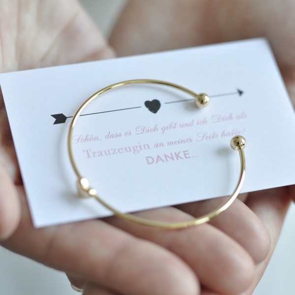 Carte cadeau de demoiselle d'honneur plus bracelet cœur en or ou argent ouvert plus emballage cadeau avec autocollant de remerciement
