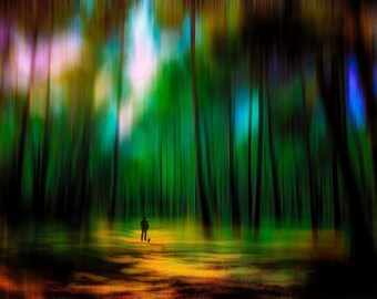 metal art,canvas,minimalist,green wall art,green forest,surreal forest,man and dog,surreal wall art,carmel,monterey vista,pebble beach