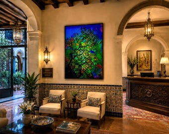 Stained Glass Oak Tree Art Print: Colorful Canvas or Metal Wall Art