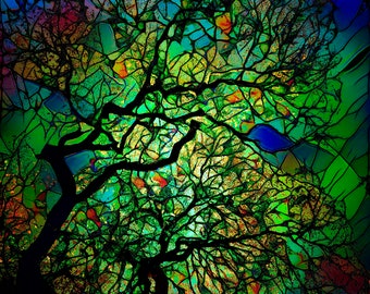 Stained Glass Oak Tree Art Print: Colorful Canvas or Metal Wall Art