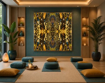 Gold Blue Abstract Art Print, Stained Glass Effect