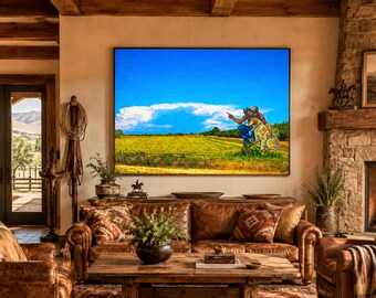California Farm Landscape Painting: Farmer, Dog, Field, Blue Sky Art