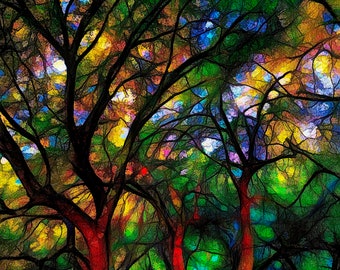 Stained Glass Effect Oak Trees Sunset Canvas Art or Metal Print