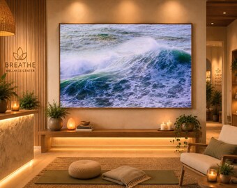 Stormy Ocean Wave Print: Seafoam Blue Seascape, Metal or Canvas